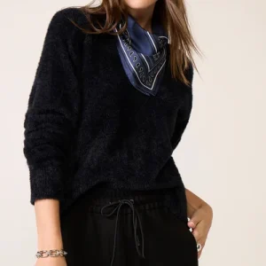 Black Toursouvenirsmerch Nivora Fuzzy Knit Sweater Bandana Detail Long Sleeve Cozy Casual Style