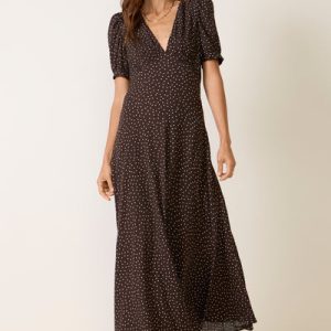 Brown Toursouvenirsmerch Calyra Tiny Dot Vneck Long Dress Vintage Feminine Silhouette