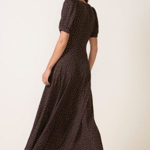 Brown Toursouvenirsmerch Calyra Tiny Dot Vneck Long Dress Vintage Feminine Silhouette 3 - Ringjoys