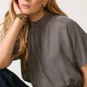 Gray Toursouvenirsmerch Alviora Ruched Collar Short Sleeve Blouse Minimalist Casual Chic Top