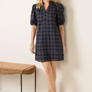 Navy Toursouvenirsmerch Luviora Geometric Print Collared Mini Dress Puff Sleeve Elegant Wear
