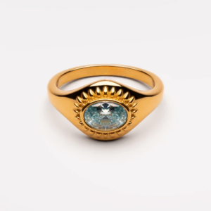 Toursouvenirsmerch Gold Avelora Blue Gemstone Vintage Ring with Luvyra Oval Stone Beaded Edge Accent Design