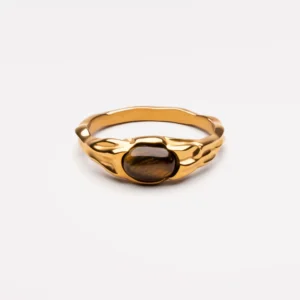 Toursouvenirsmerch Gold Virelune Tiger Eye Stone Textured Vintage Ring with Nuvora Accent